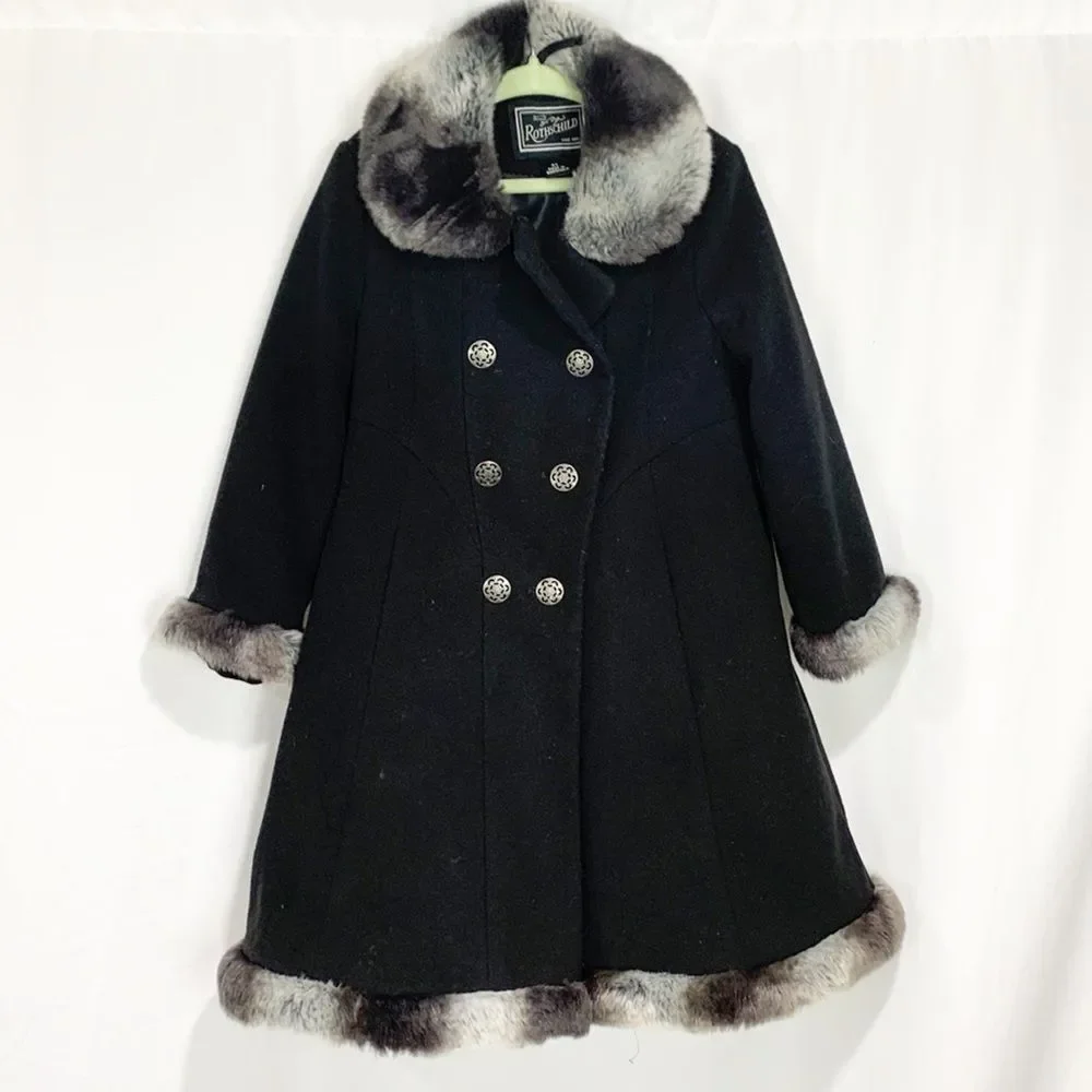 Rothschild Black Faux Wool Skater Coat with Faux Fur Trim